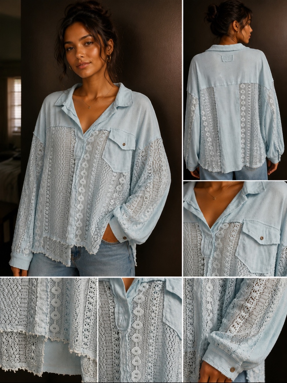 POL Light Blue Lace-Panel Button Down Shirt